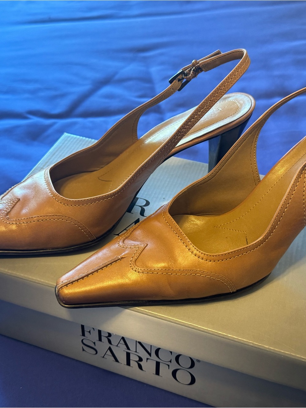 Franco Sarto Tan Leather Pointed-Toe Slingback Heels